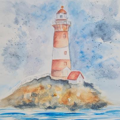 Watercolour painting of a lighthouse