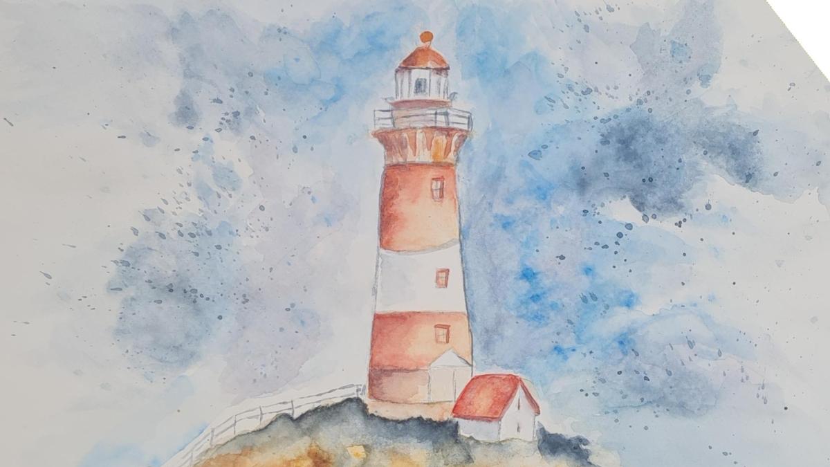 Watercolour painting of a lighthouse